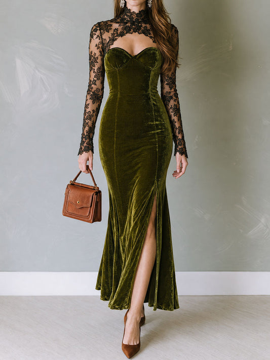 Retro Elegant Olive Green Velvet Mermaid Maxi Dress With Black Lace Panel