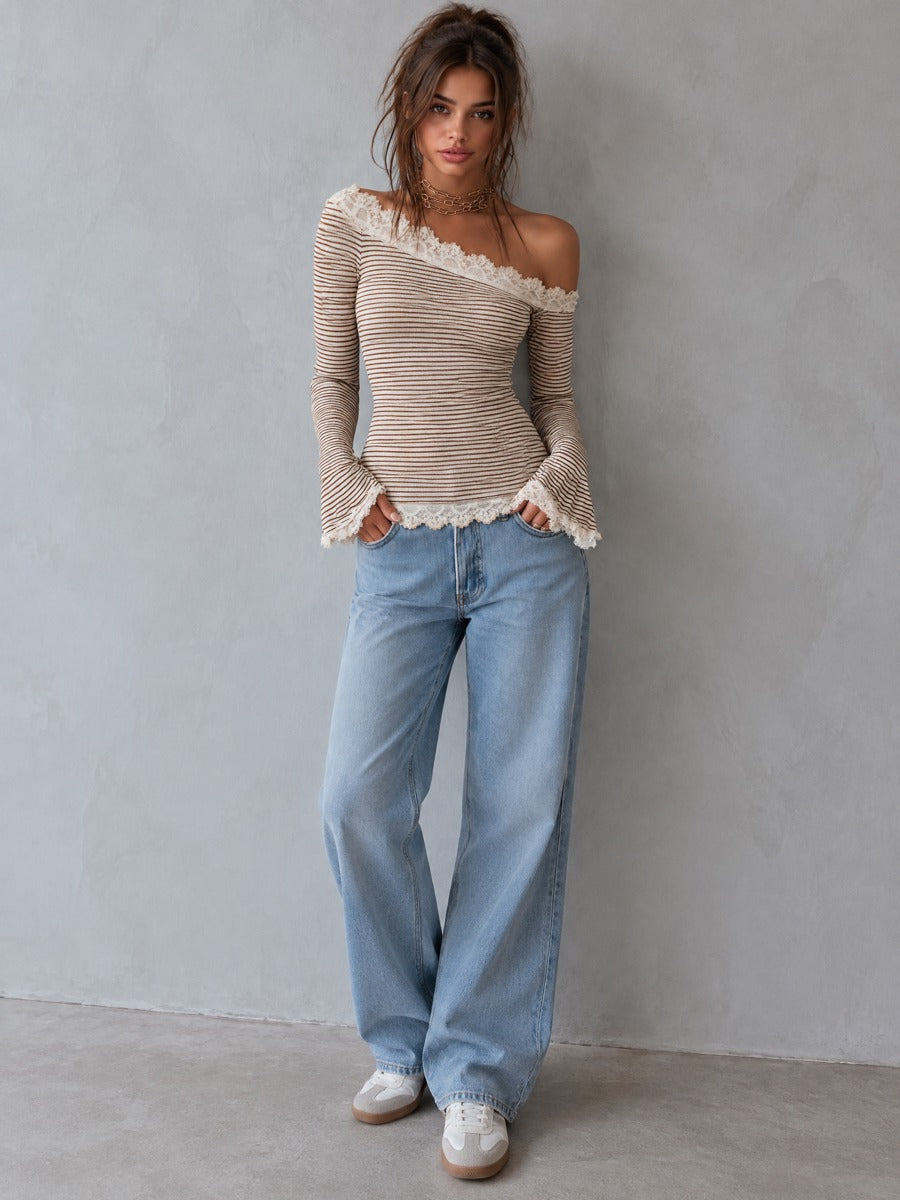 Cream Brown Striped Lace Trim Off-Shoulder Bell Sleeve Fitted Knit Top