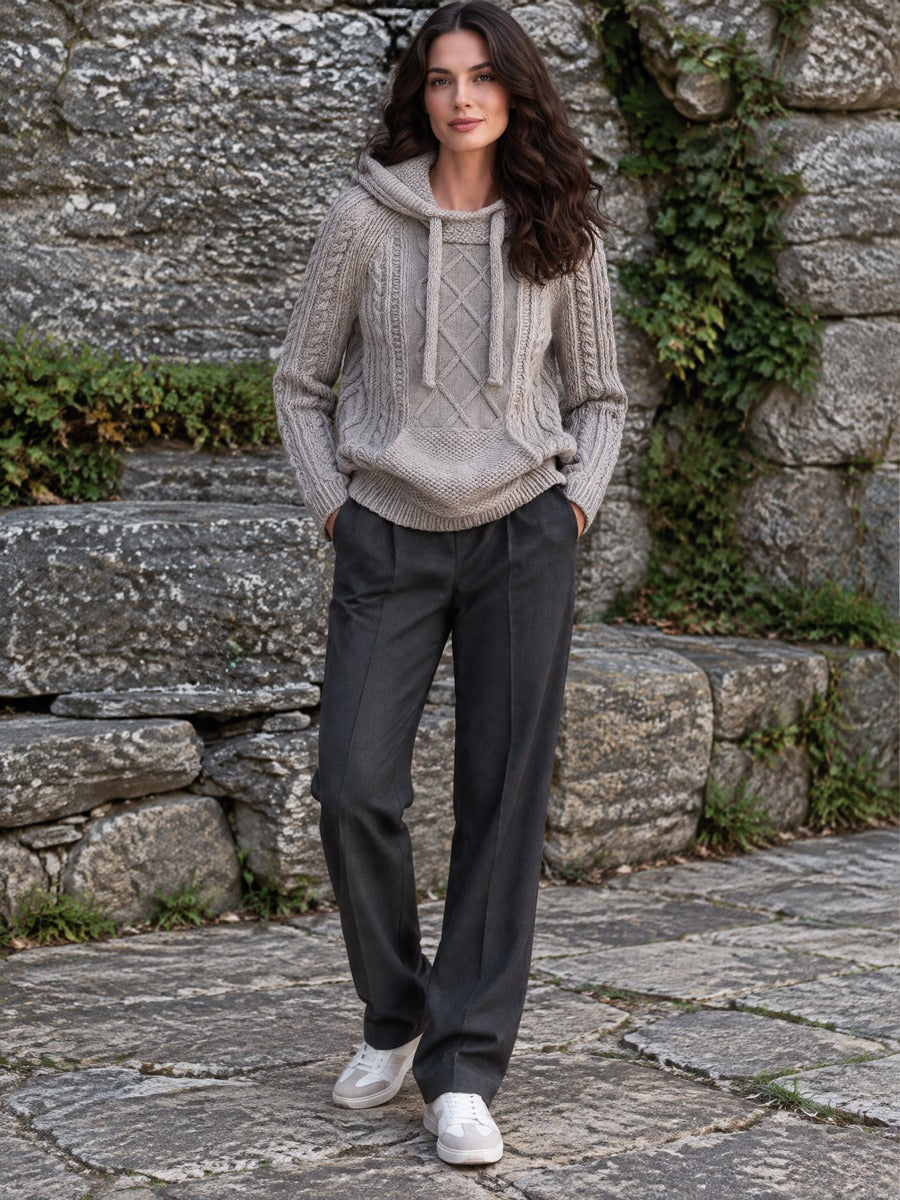 Grey Cable Knit Drawstring Hooded Pullover Sweater With Kangaroo Pocket