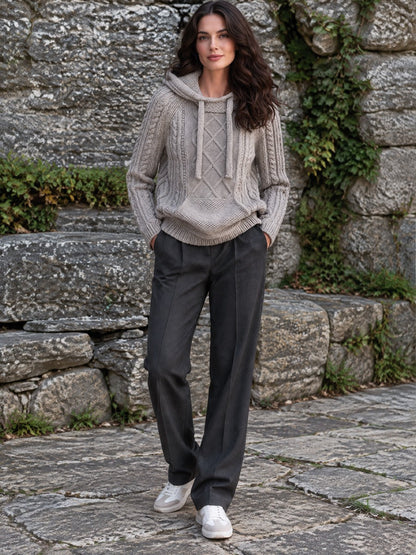 Grey Cable Knit Drawstring Hooded Pullover Sweater With Kangaroo Pocket