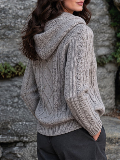 Grey Cable Knit Drawstring Hooded Pullover Sweater With Kangaroo Pocket