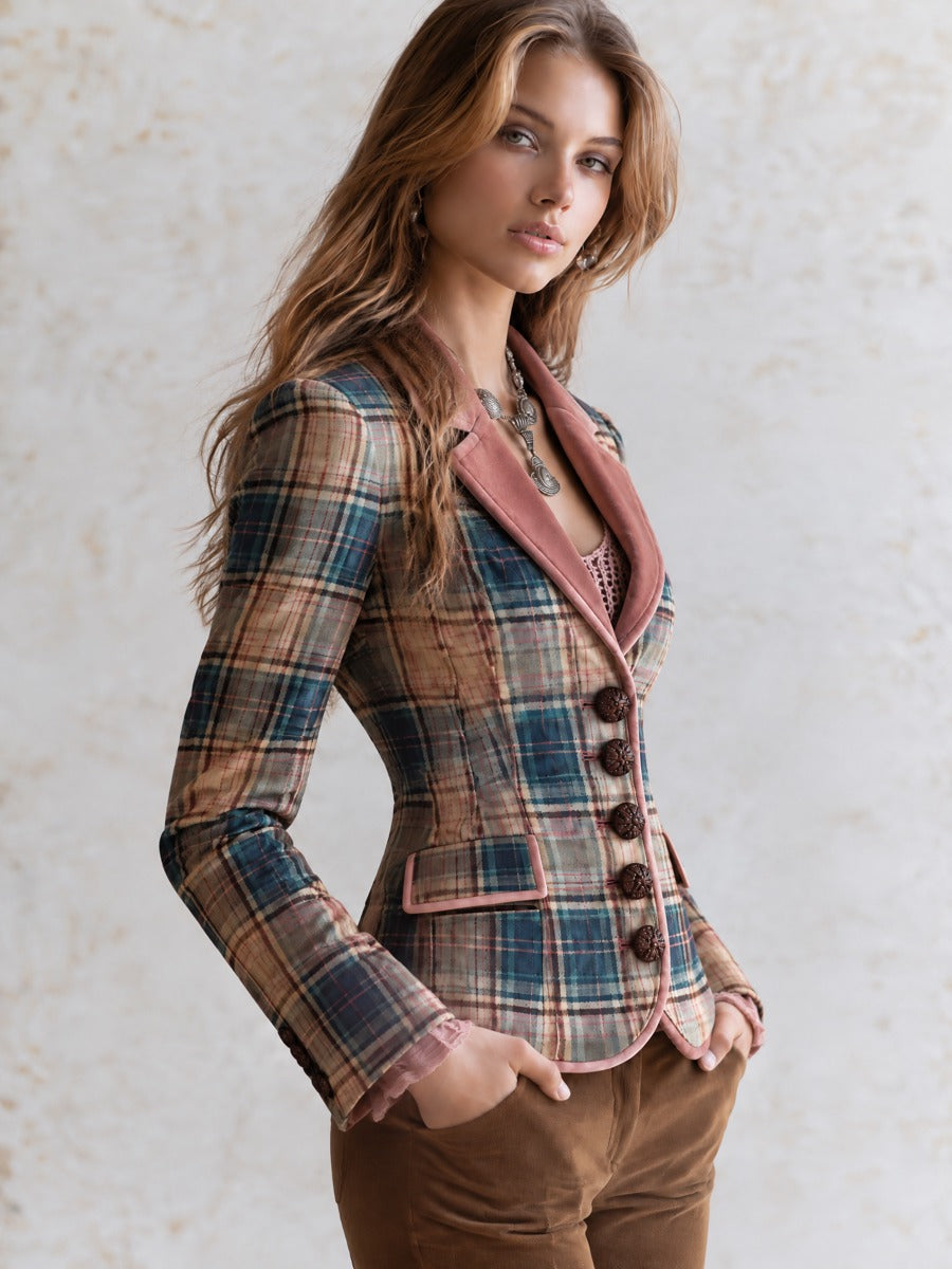 Vintage Plaid Pink Velvet Contrast Lapel And Piping Fitted Blazer