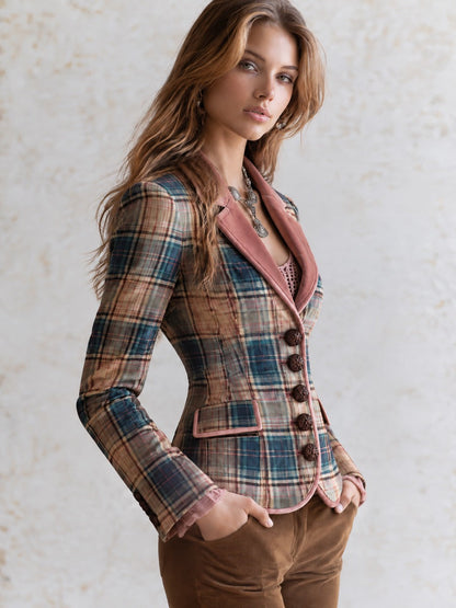 Vintage Plaid Pink Velvet Contrast Lapel And Piping Fitted Blazer