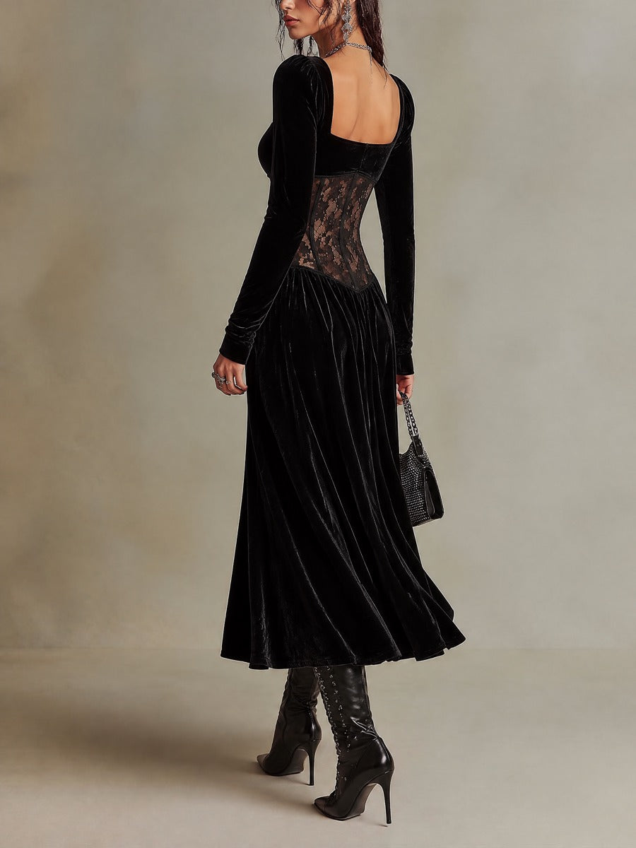 Black Velvet Square Neck Long Sleeve Midi Dress with Sheer Lace Corset Waist