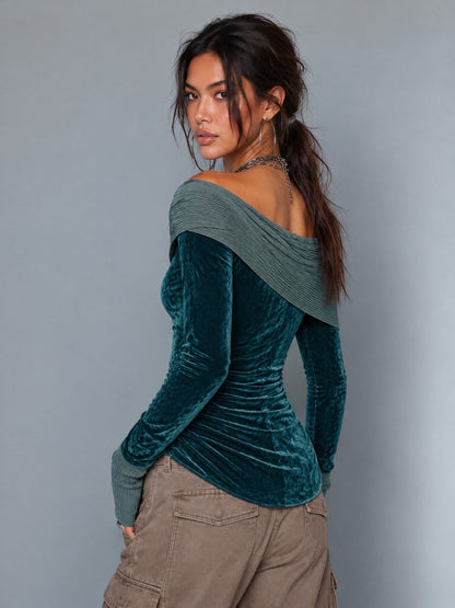 Women's Teal Velvet Asymmetric Wrap Neck Long Sleeve Top With Ribbed Thumbhole Cuffs