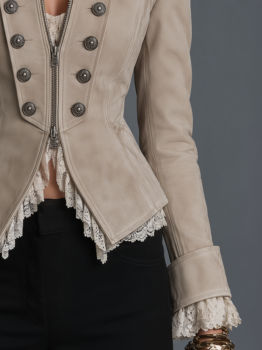 Vintage Beige Stand Collar Double-Breasted Fitted Jacket