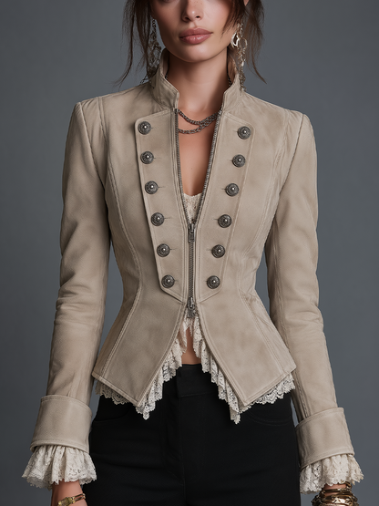 Vintage Beige Stand Collar Double-Breasted Fitted Jacket