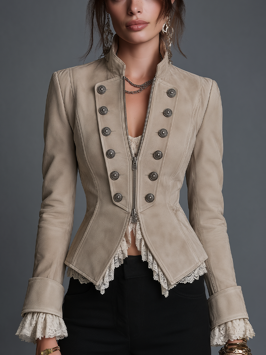 Vintage Beige Stand Collar Double-Breasted Fitted Jacket