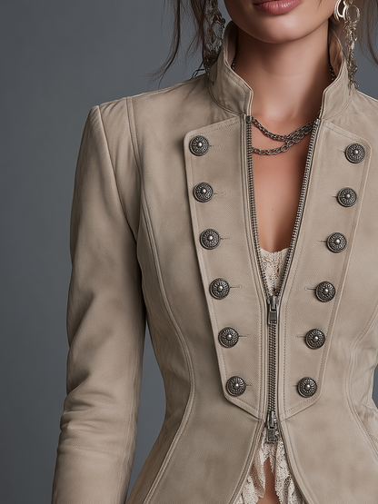Vintage Beige Stand Collar Double-Breasted Fitted Jacket