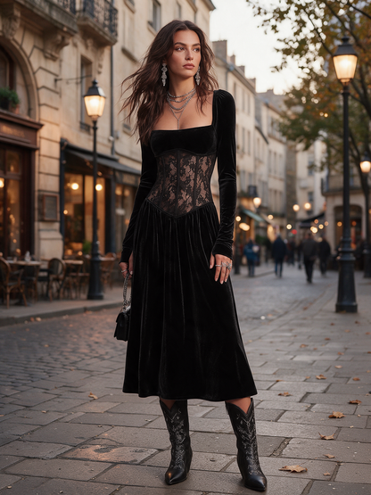Black Velvet Square Neck Long Sleeve Midi Dress with Sheer Lace Corset Waist