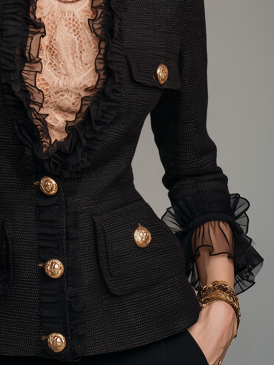 Romantic Black Ruffle Trim Gold Button Fitted Blazer