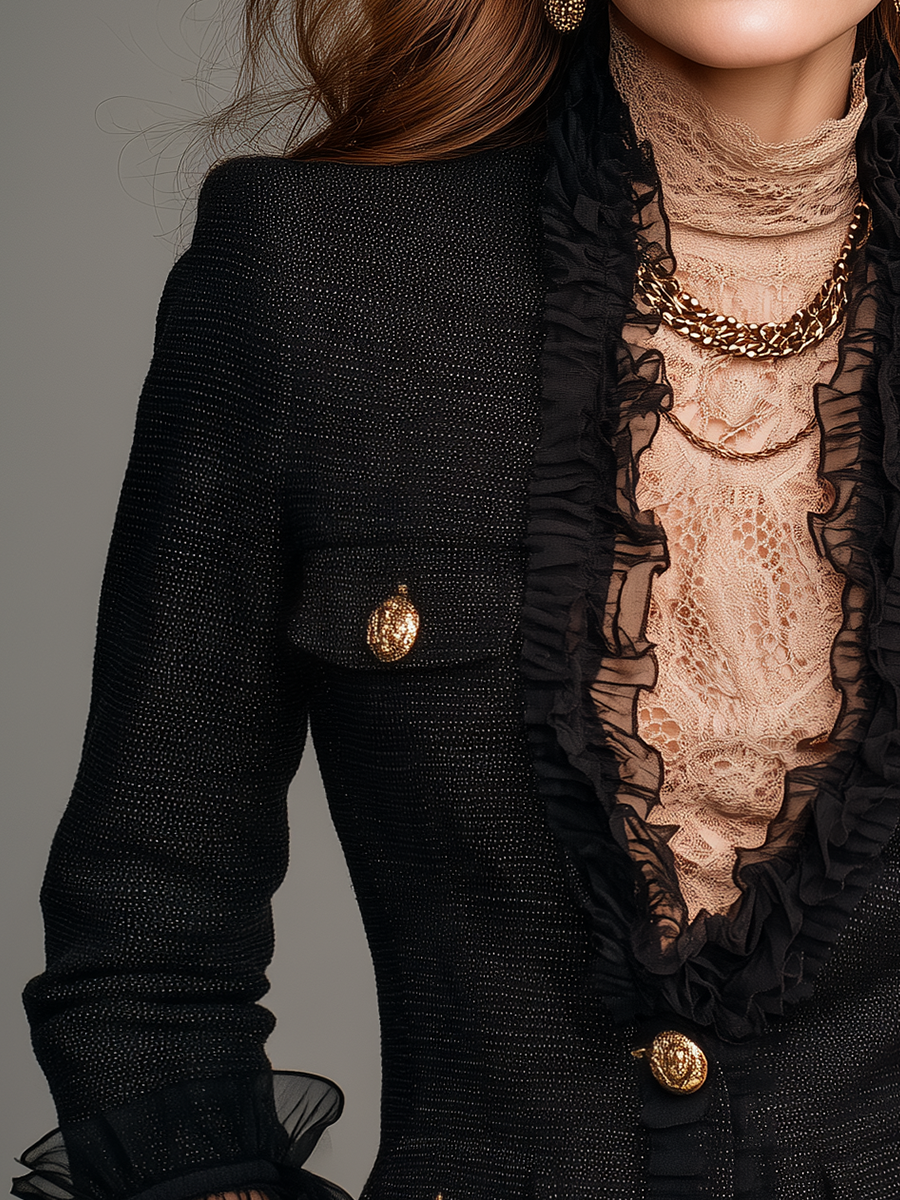 Romantic Black Ruffle Trim Gold Button Fitted Blazer