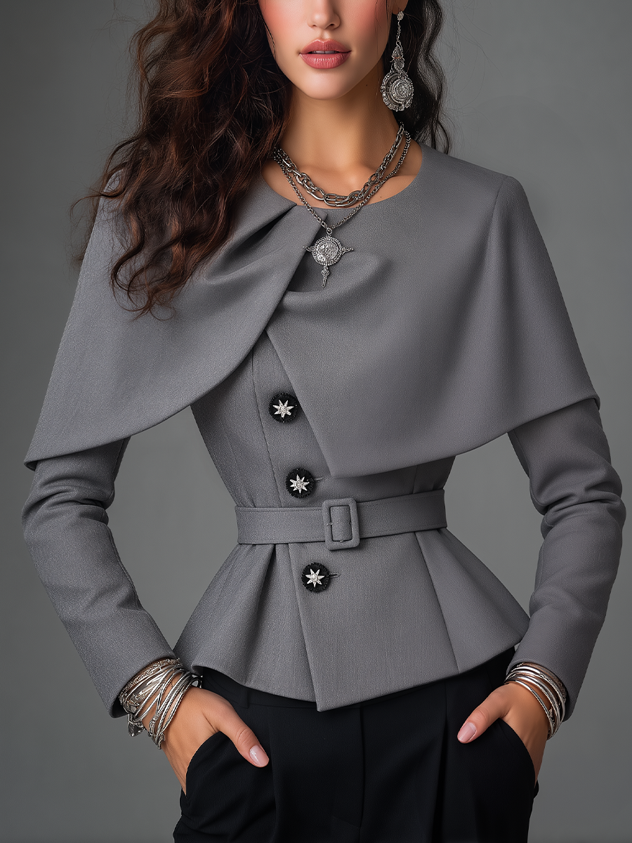 Elegant Gray Cape Collar Belted Waist Peplum Blouse