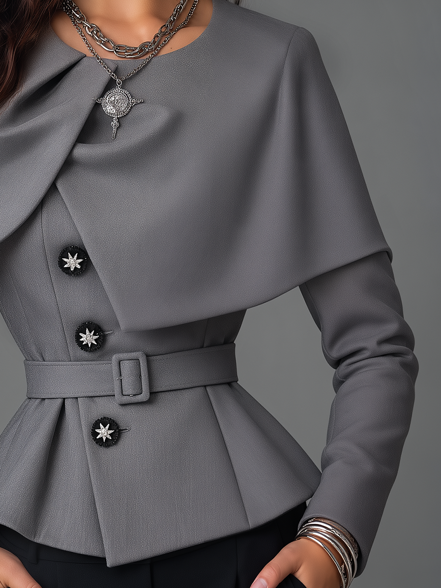 Elegant Gray Cape Collar Belted Waist Peplum Blouse
