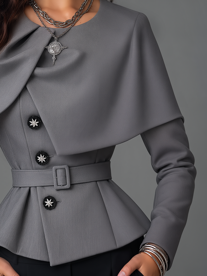 Elegant Gray Cape Collar Belted Waist Peplum Blouse