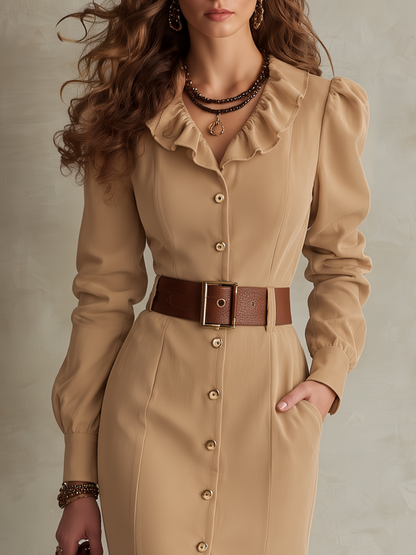 Vintage Khaki Ruffle Collar Belted Button Front Mermaid Maxi Dress