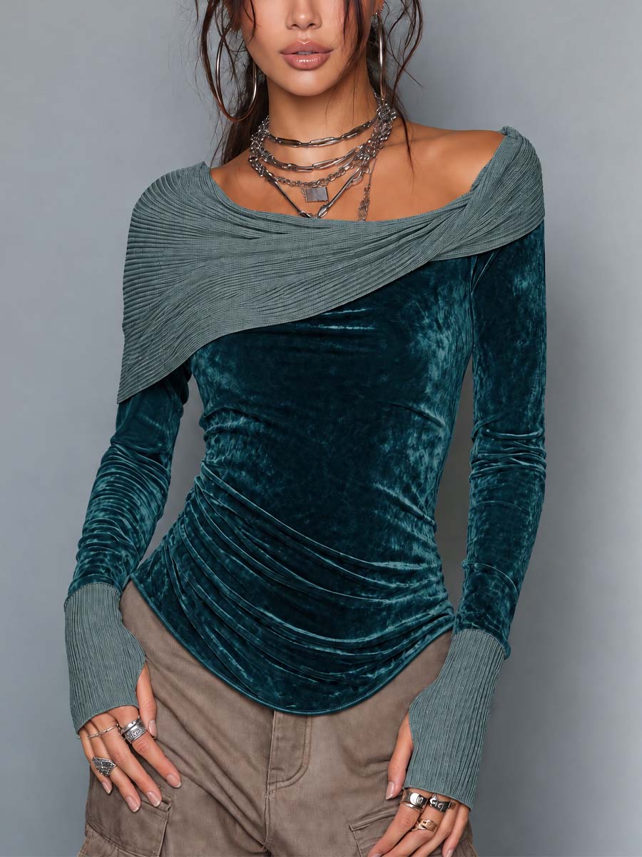 Women's Teal Velvet Asymmetric Wrap Neck Long Sleeve Top With Ribbed Thumbhole Cuffs