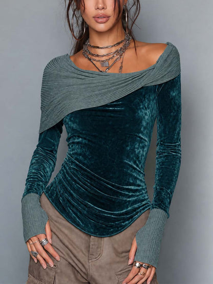 Women's Teal Velvet Asymmetric Wrap Neck Long Sleeve Top With Ribbed Thumbhole Cuffs