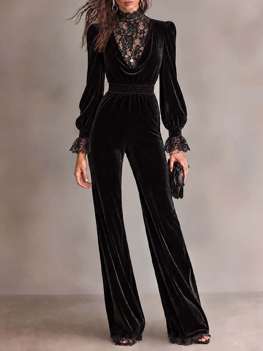 Women's Black Velvet cowl neckline Jumpsuit with Lace High Neck