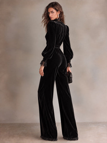 Women's Black Velvet cowl neckline Jumpsuit with Lace High Neck