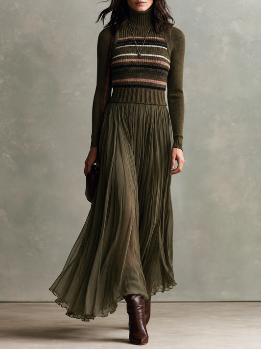 Boho Olive Green Turtleneck Striped Knit Paneled Pleated Chiffon Maxi Dress