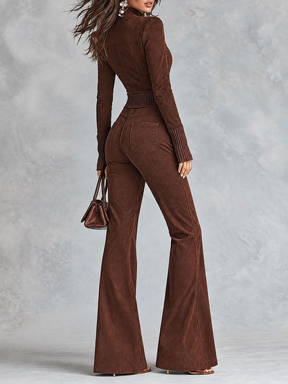 Boho Faux Suede Zip-Up Ribbed Trim Cropped Top & High-Waist Split-Hem Wide-Leg Pants Set