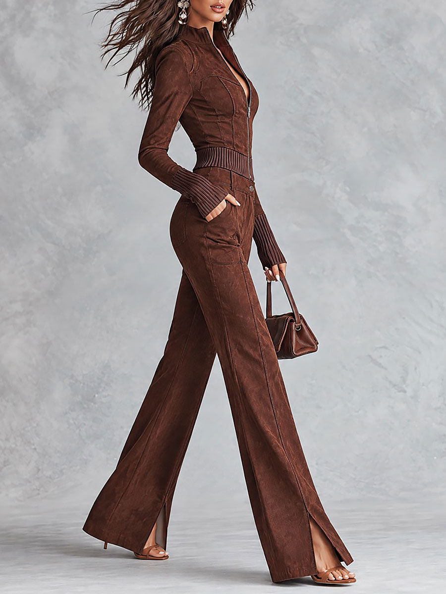 Boho Faux Suede Zip-Up Ribbed Trim Cropped Top & High-Waist Split-Hem Wide-Leg Pants Set
