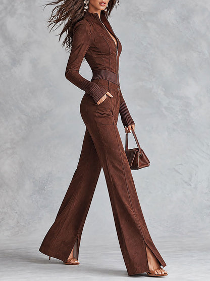 Boho Faux Suede Zip-Up Ribbed Trim Cropped Top & High-Waist Split-Hem Wide-Leg Pants Set