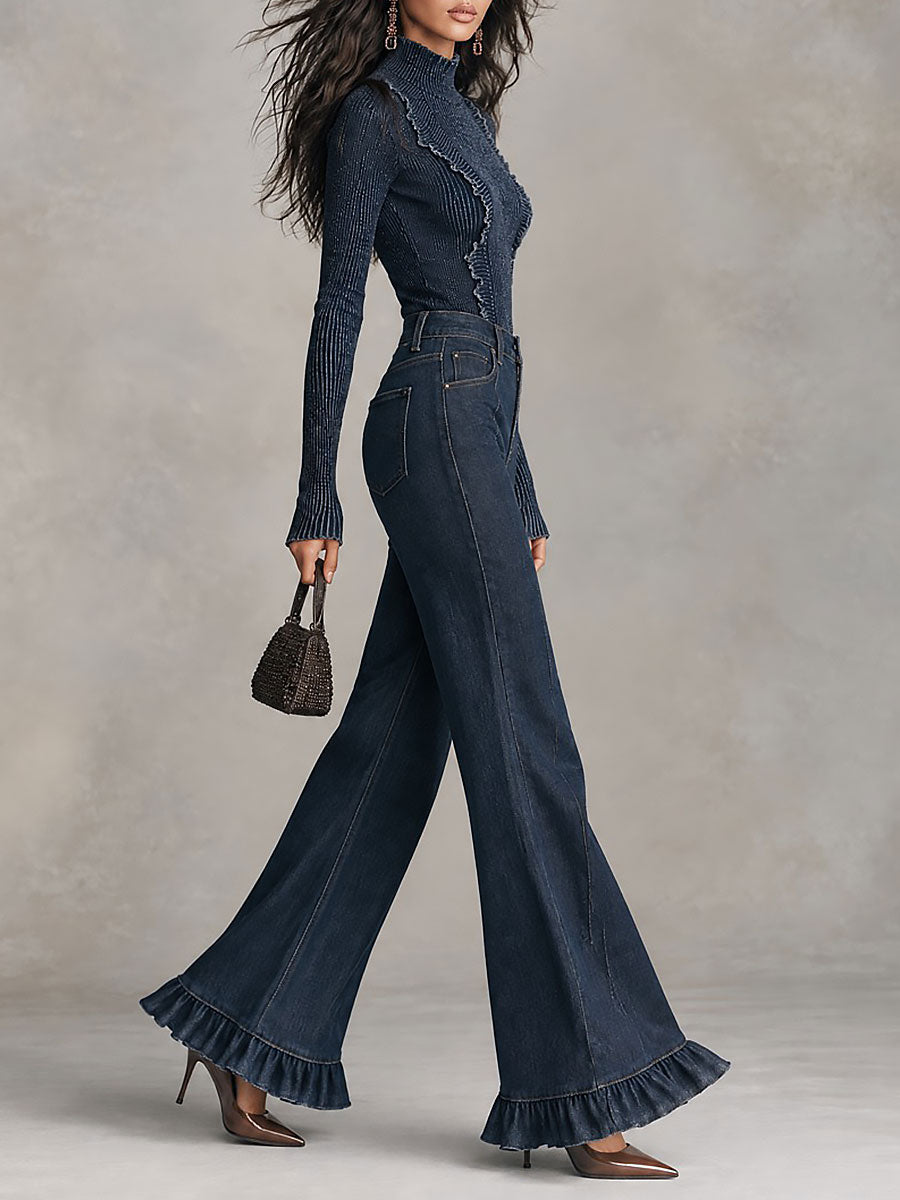 Ribbed High-neck Ruffle Trim Top & High-Waisted Ruffle Hem Flare Jeans Set