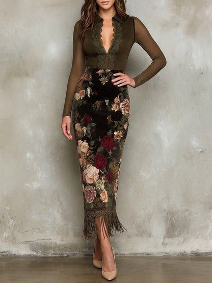 Elegant Olive Lace V-Neck Mesh Midi Dress With Black Floral And Fringe Trim