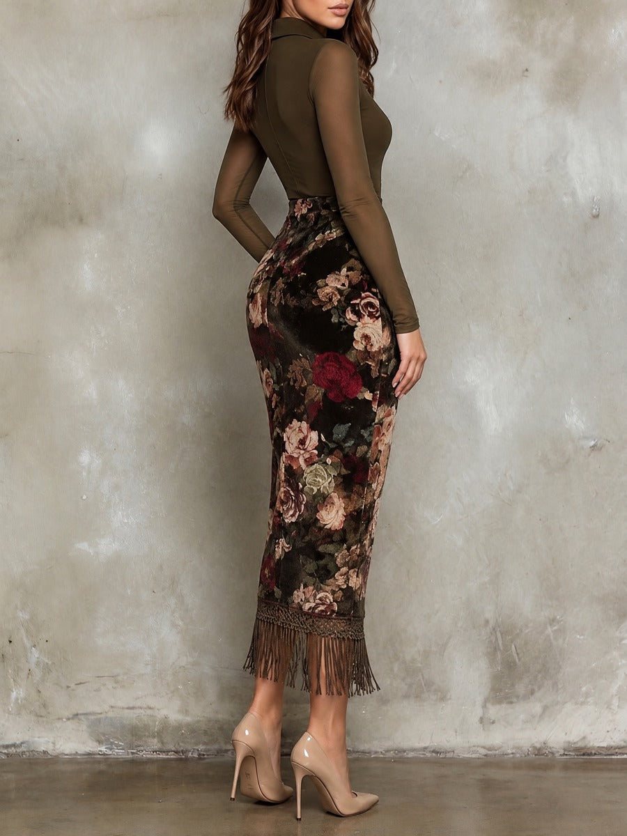 Elegant Olive Lace V-Neck Mesh Midi Dress With Black Floral And Fringe Trim