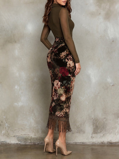 Elegant Olive Lace V-Neck Mesh Midi Dress With Black Floral And Fringe Trim