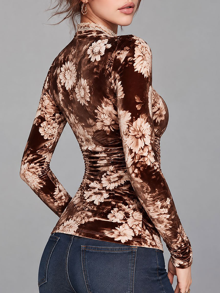 Retro Brown Floral Print Velvet Long Sleeve T-shirt with Lace Trim