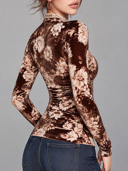 Retro Brown Floral Print Velvet Long Sleeve T-shirt with Lace Trim