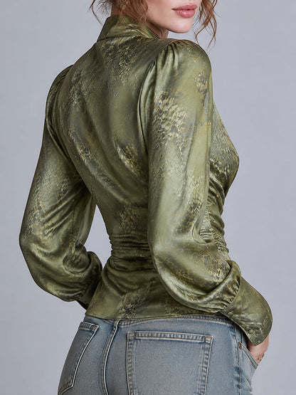 Olive Green Snakeskin Print Satin Long Blouson Sleeves Wrap Blouse with Ruched Front