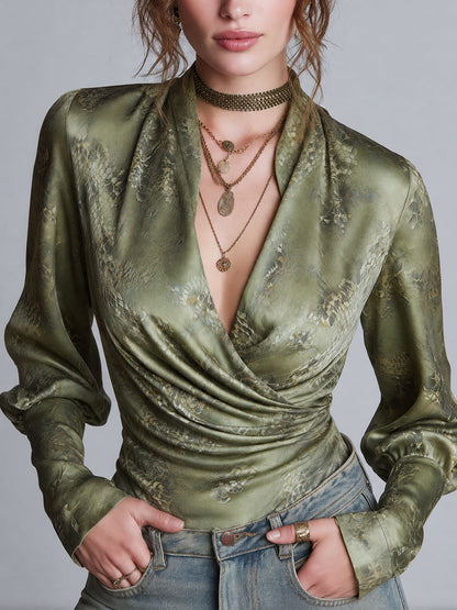 Olive Green Snakeskin Print Satin Long Blouson Sleeves Wrap Blouse with Ruched Front