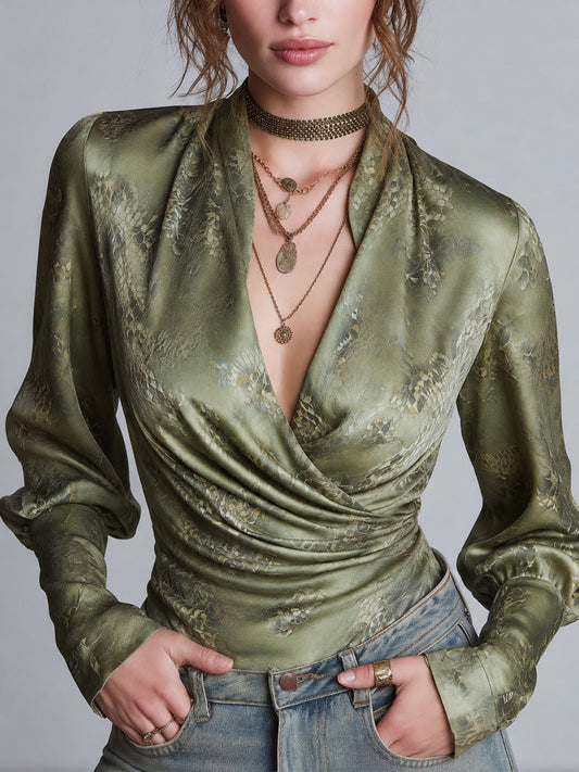 Olive Green Snakeskin Print Satin Long Blouson Sleeves Wrap Blouse with Ruched Front