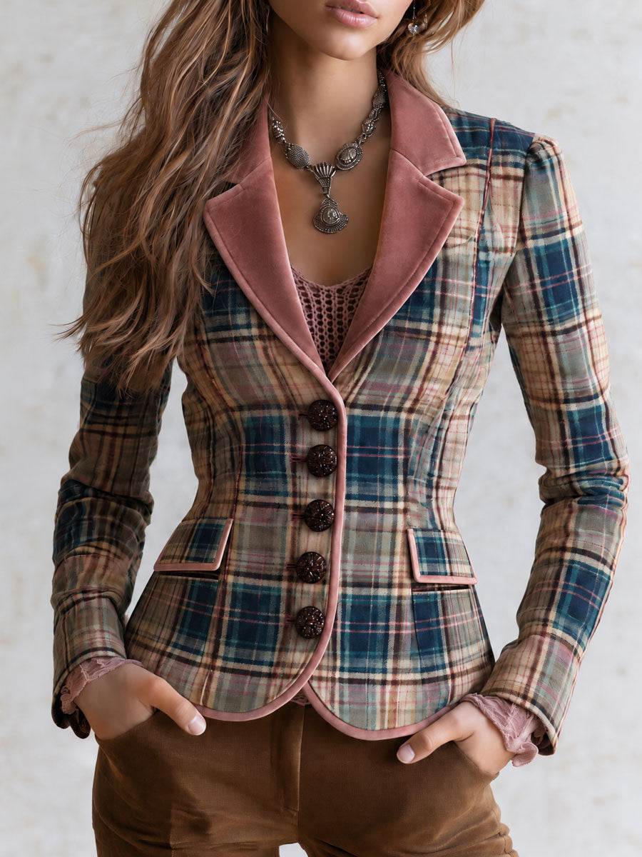 Vintage Plaid Pink Velvet Contrast Lapel And Piping Fitted Blazer