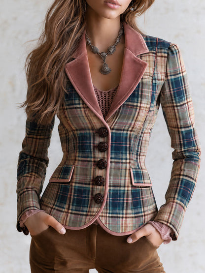 Vintage Plaid Pink Velvet Contrast Lapel And Piping Fitted Blazer