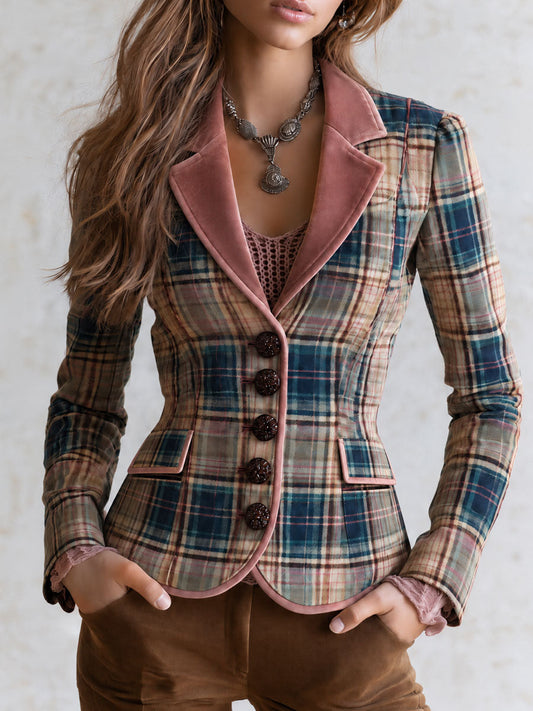 Vintage Plaid Pink Velvet Contrast Lapel And Piping Fitted Blazer