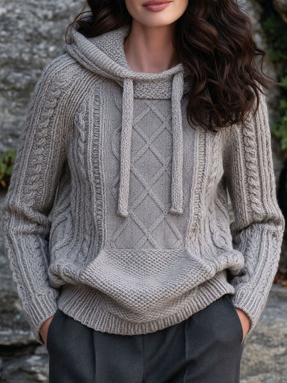 Grey Cable Knit Drawstring Hooded Pullover Sweater With Kangaroo Pocket