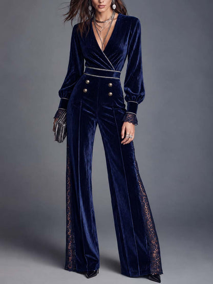 Navy Velvet Surplice V-Neck Wide Leg Jumpsuit with Lace Trim and Bishop Sleeves