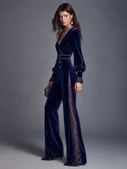 Navy Velvet Surplice V-Neck Wide Leg Jumpsuit with Lace Trim and Bishop Sleeves