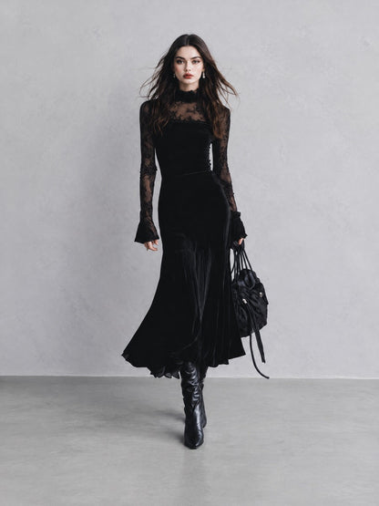 Vintage-Style Lace-Panel Polyester Velvet Black Midi Dress
