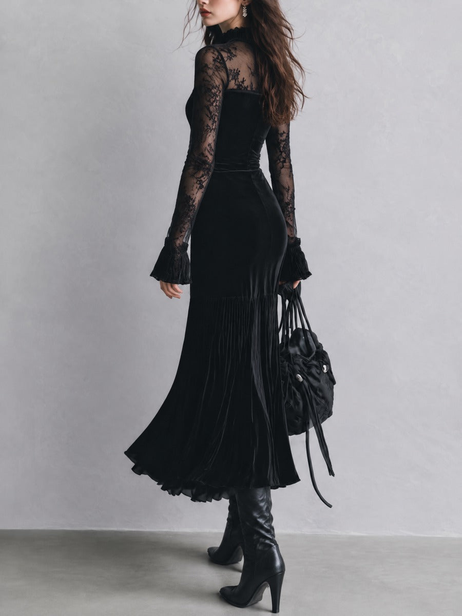 Vintage-Style Lace-Panel Polyester Velvet Black Midi Dress