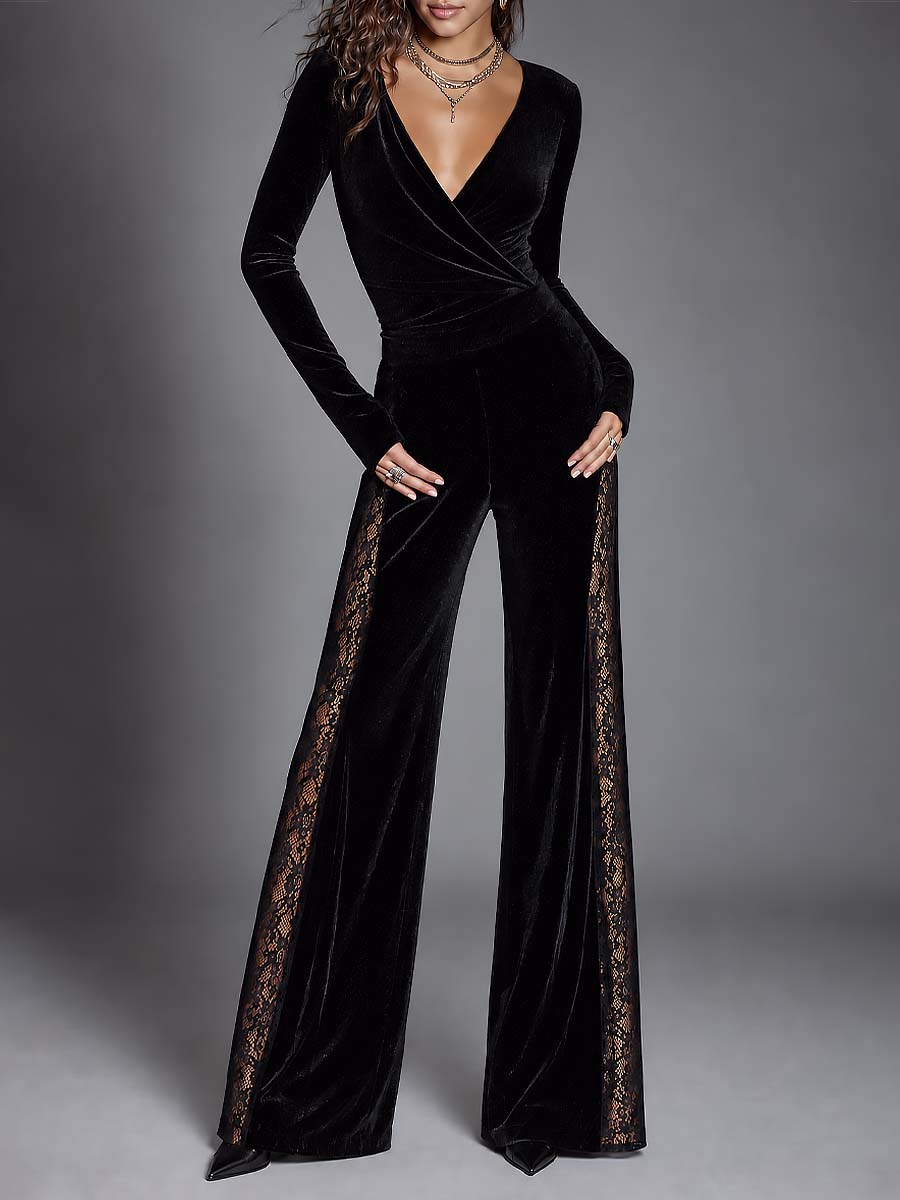 Women's Black Velvet Wrap V-Neck Long Sleeve Wide Leg Jumpsuit with Lace Side Panels