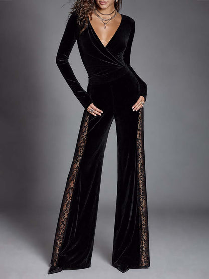 Women's Black Velvet Wrap V-Neck Long Sleeve Wide Leg Jumpsuit with Lace Side Panels