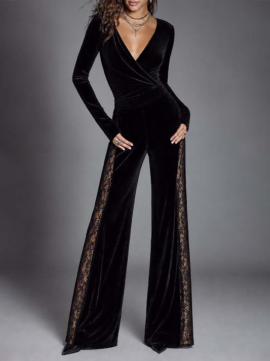 Women's Black Velvet Wrap V-Neck Long Sleeve Wide Leg Jumpsuit with Lace Side Panels