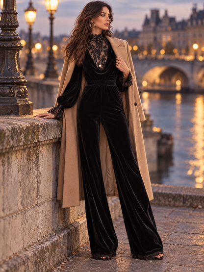 Women's Black Velvet cowl neckline Jumpsuit with Lace High Neck