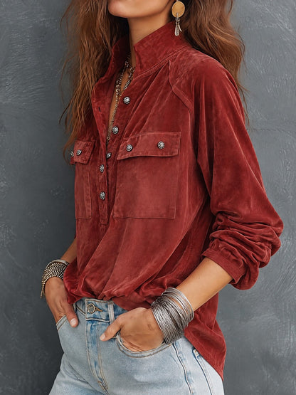 Vintage Stand Collar Half-Button Polyester Suede Pullover Shirt